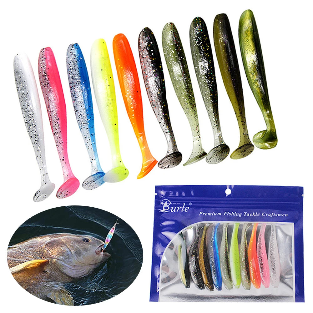 10Pcs 9cm Fishing Lures T Tail Worm Soft Bait Plastic Paddle Tail Swim Baits for Bass Trout Freshwater Saltwater
