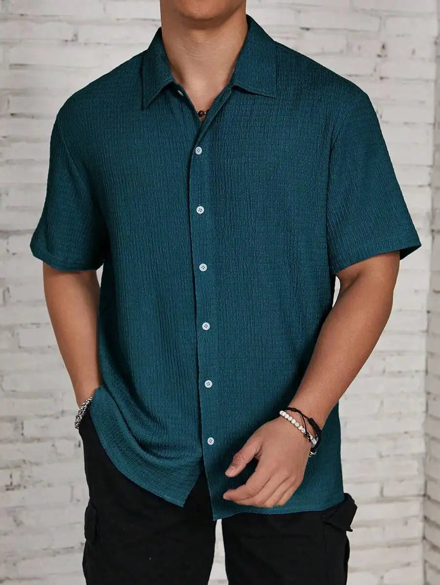 Men's Textured Knit Short Sleeve Button-Front Shirt, Loose Fit