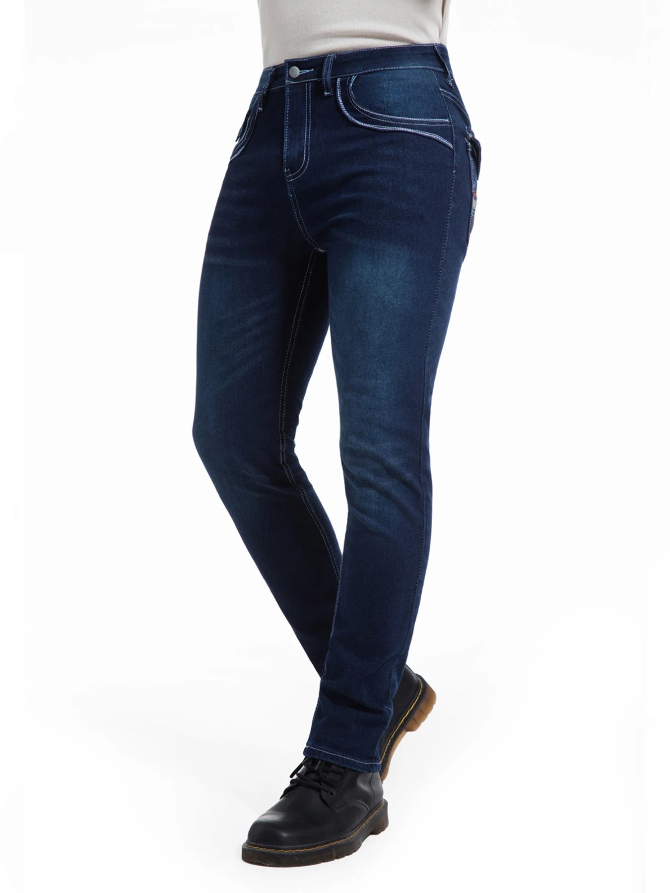 Men's deep blue elastic embroidered casual stretch jeans, street style, solid color,