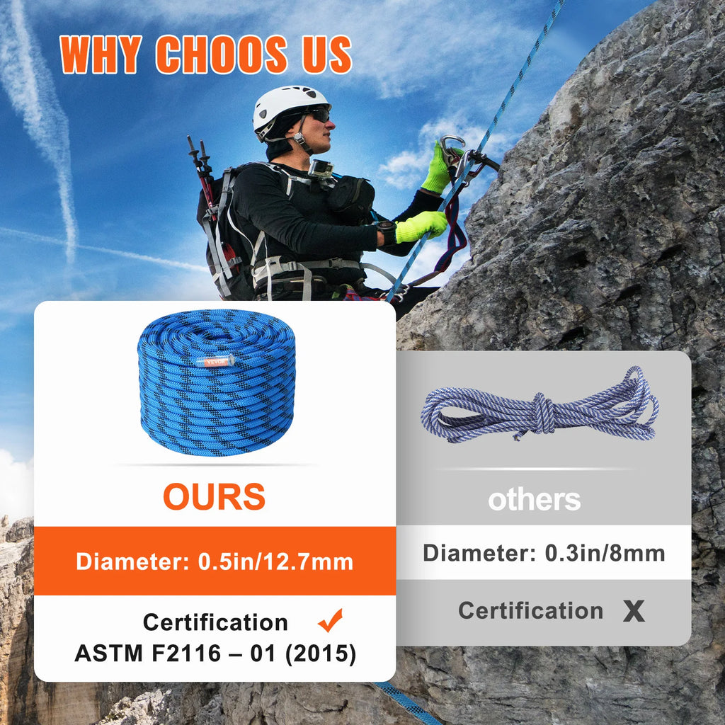 VEVOR 12.7mm Static Climbing Rope 125/150/200ft Outdoor Rock Climbing Rope 30KN Breaking Tension Fiber Rope w/ Steel Snap Hooks