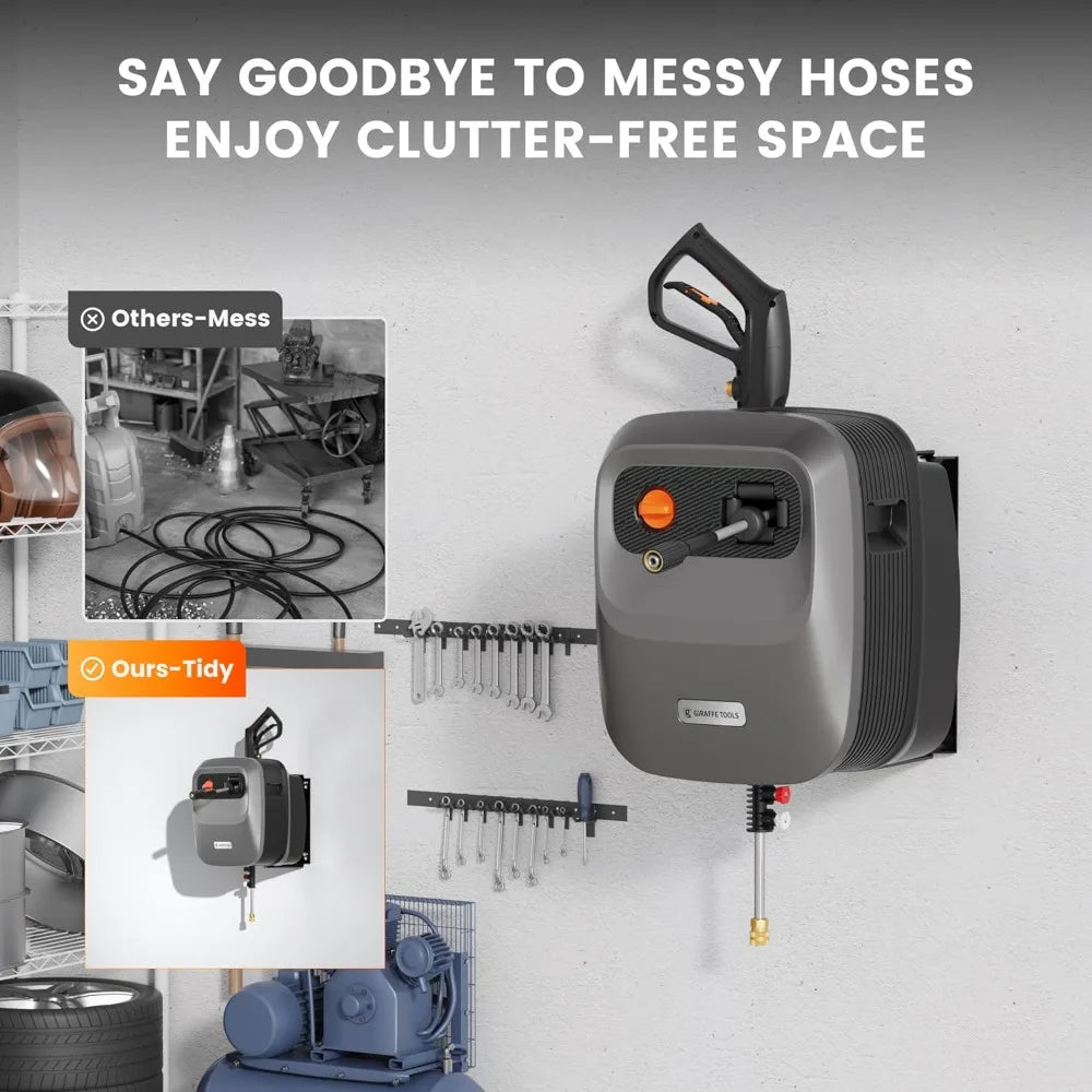 2500 PSI Retractable Pressure Washer, 2.2 GPM Wall Mounted with 65FT Hose Reel & 5 Nozzles