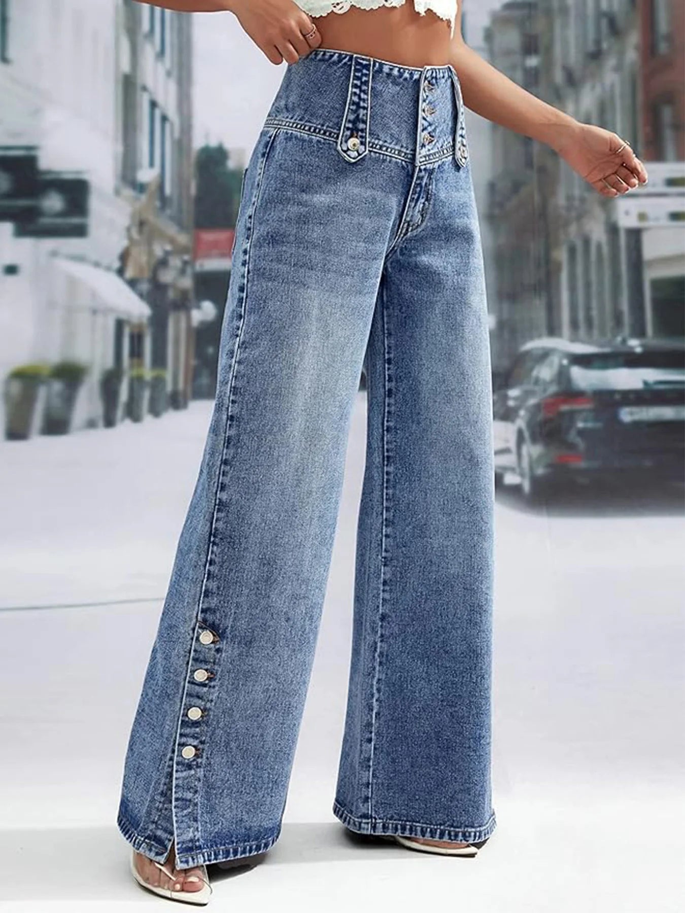 Ladies Wide-Leg Jeans with Buttons, Loose Fit, Mid-Waist, Slightly Stretchy