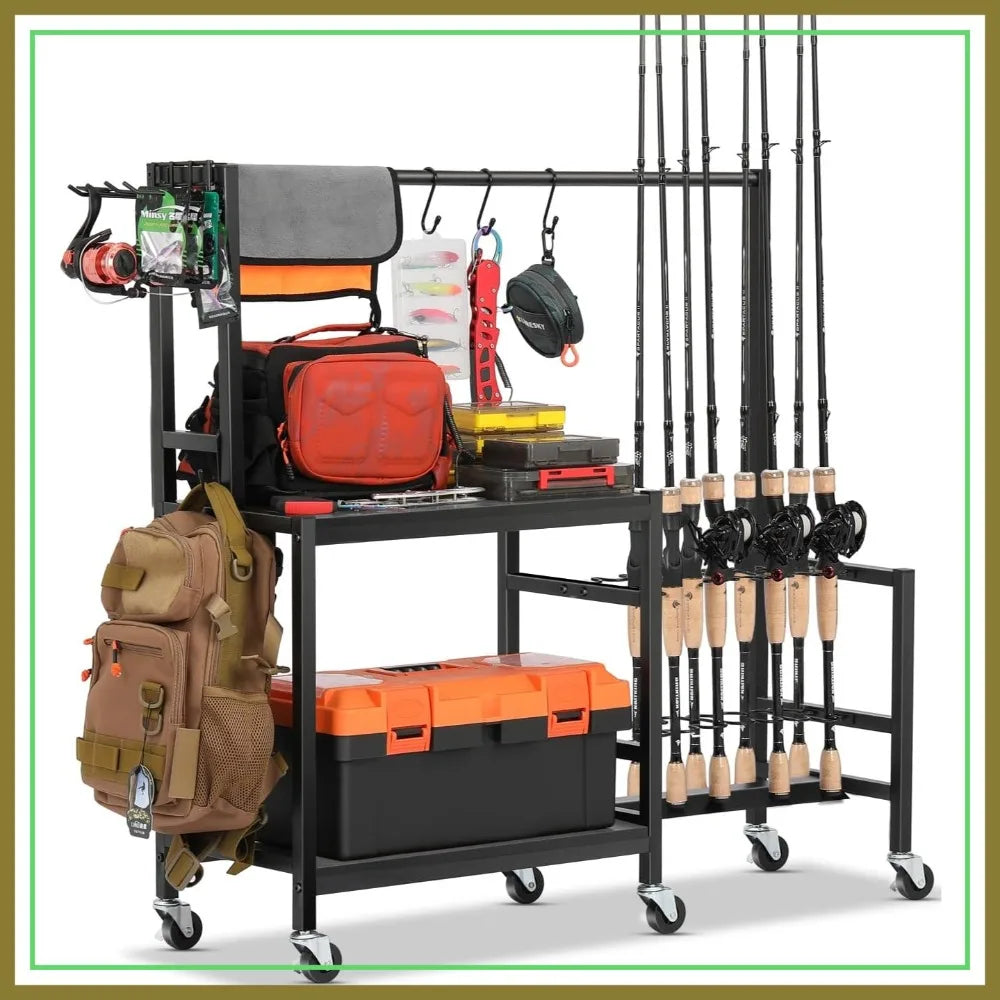 Fishing Rod Holder Holds Up to 16 Rods, Heavy Duty Rolling Cart with Wheels, Fishing Equipment Storage