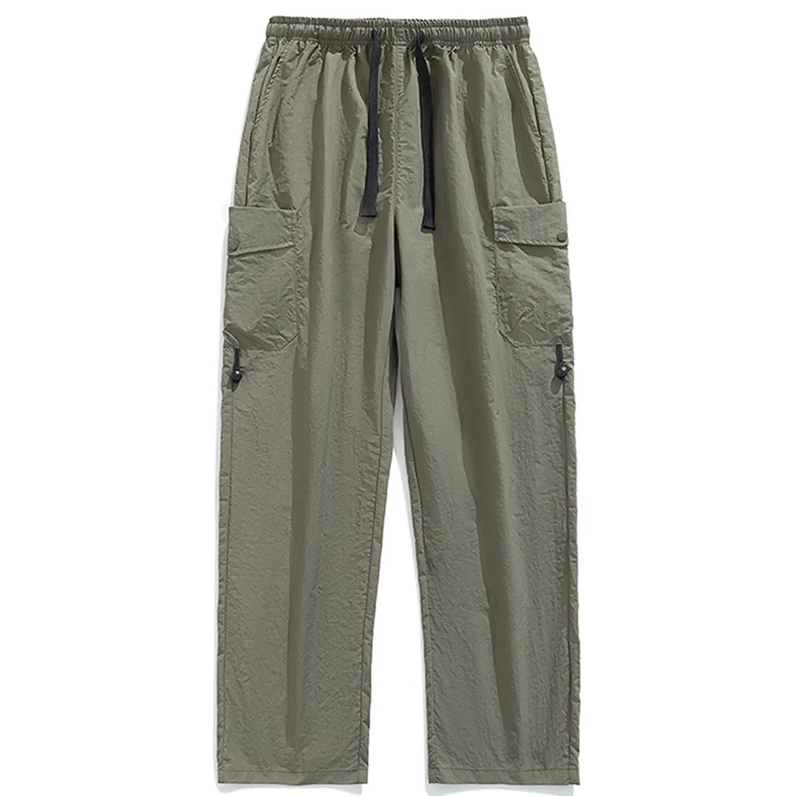 Men's Straight Leg Cargo Pants Breathable Elastic Waist Drawstring Pocket Wide Leg Pants