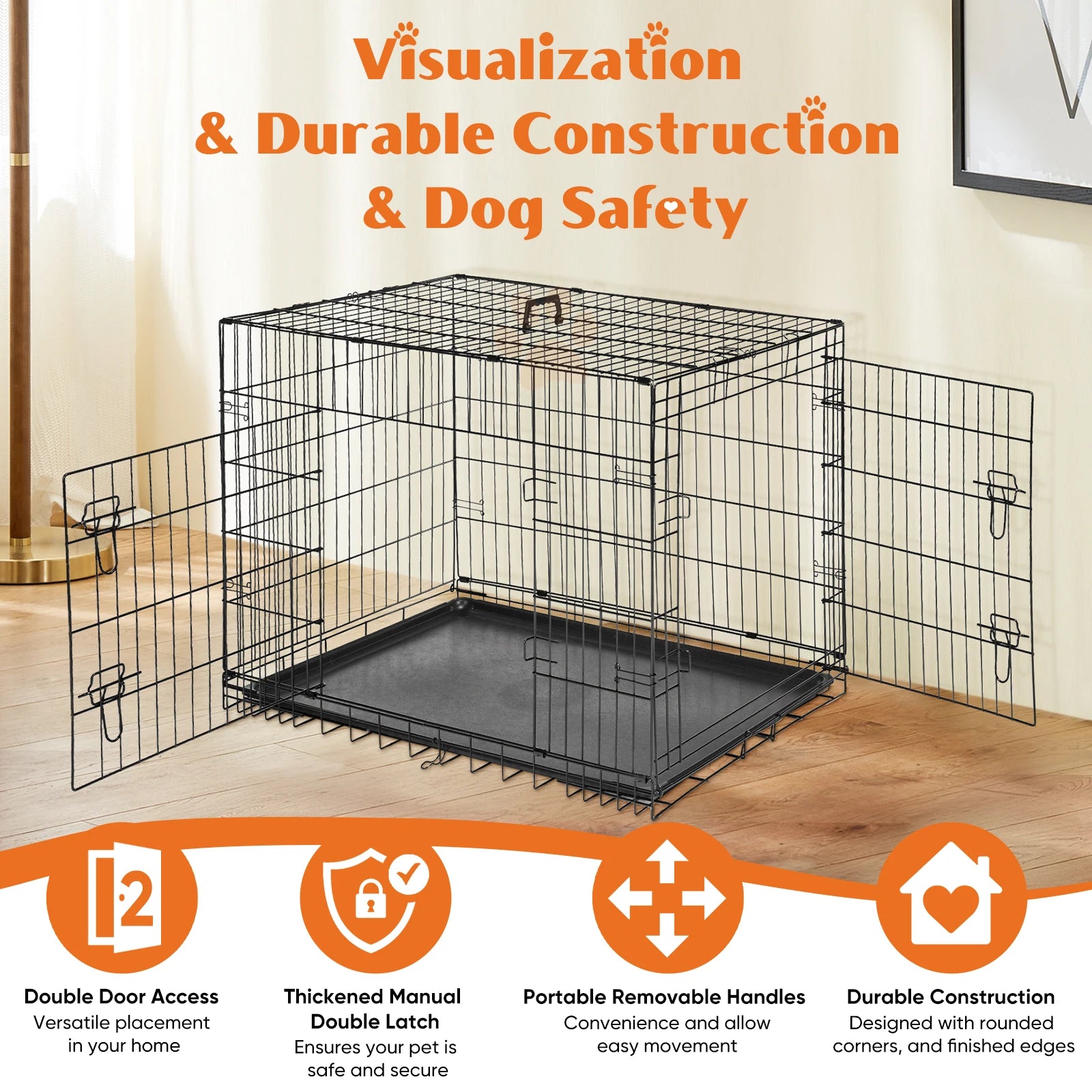 JHK Double Door Folding Metal Wire - Plastic Leak-Proof Pan Tray Extra Large Pet