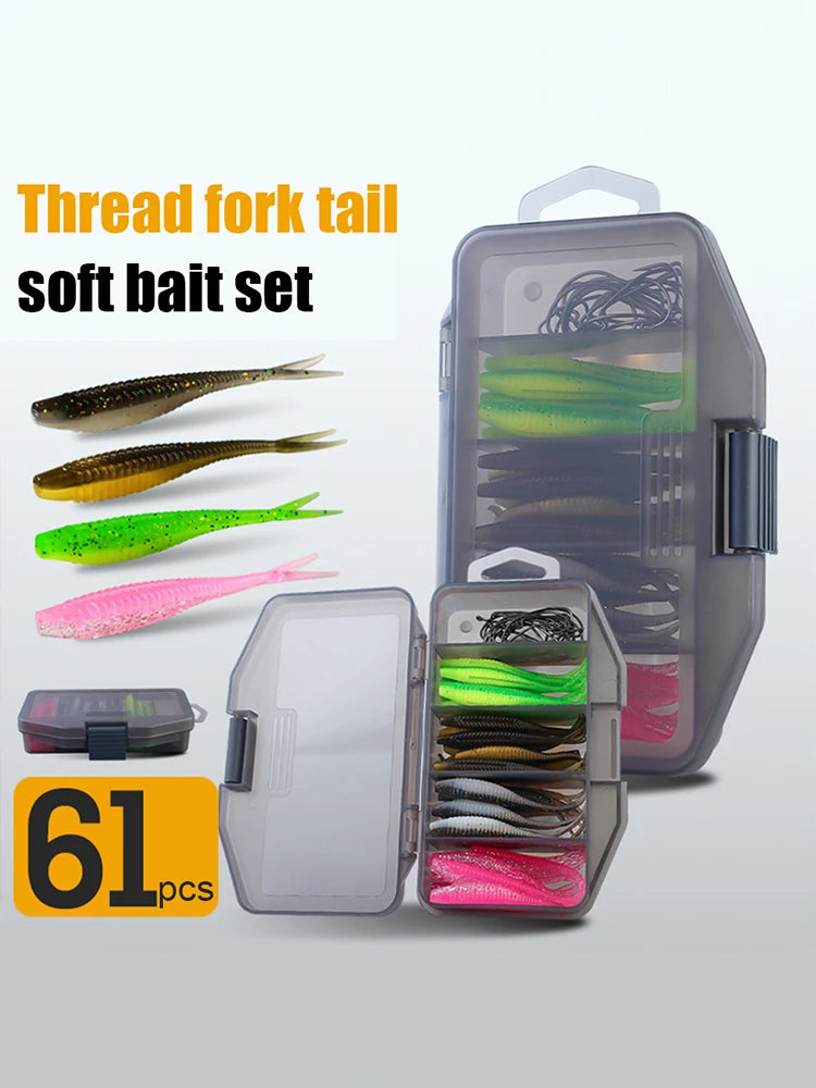 61pcs/set Artificial Lure Hook Fork Tail Wobbler Bait Hook Gear Tools with Storage Box Soft Lightweight Outdoor Fishing Tackle