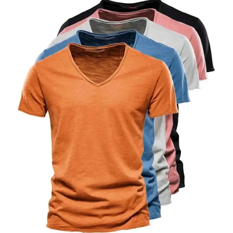 New 100% Cotton T Shirt Tops V Neck Thin Short Sleeve Tees High Quality