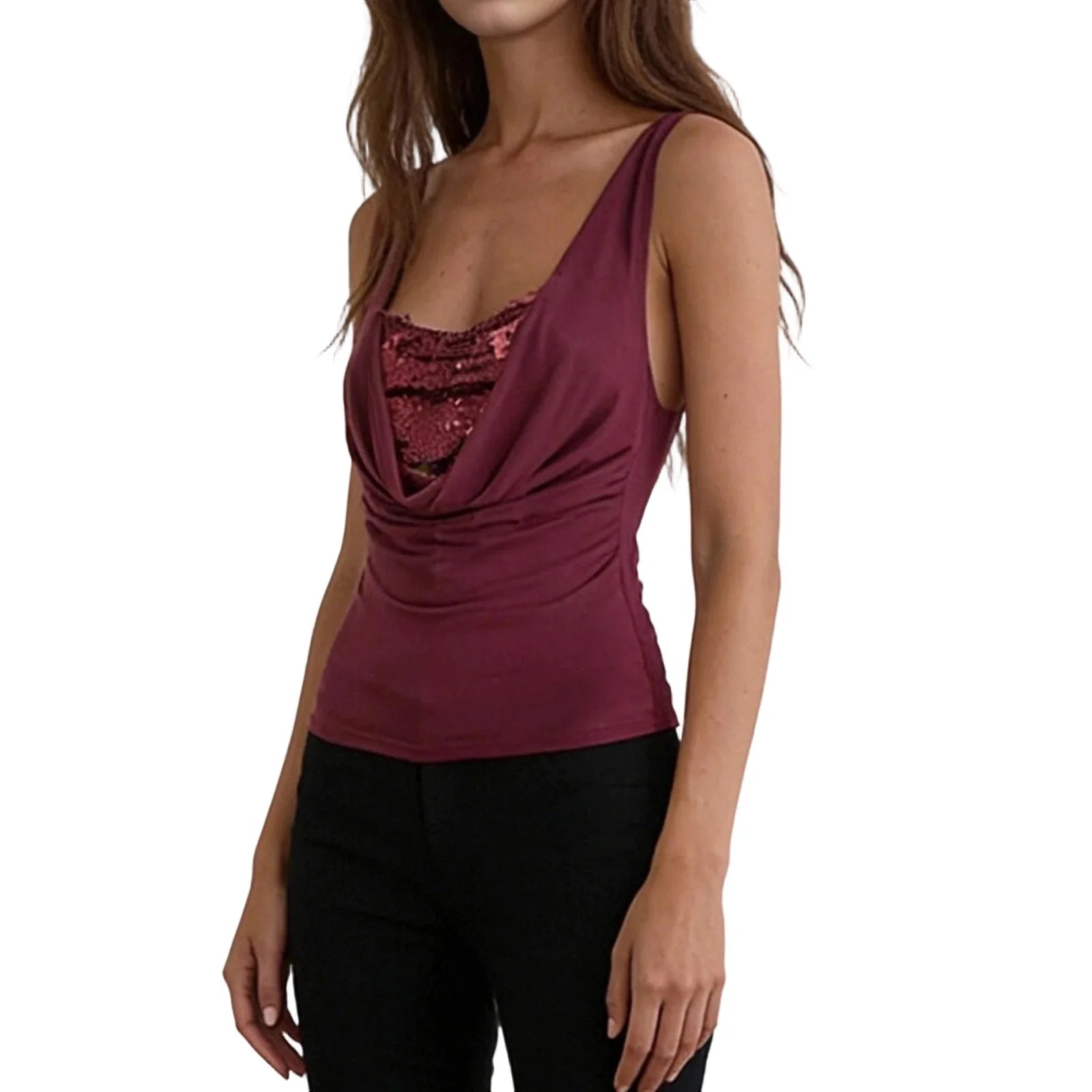 Women s Sleeveless Sequin Embellished Cowl Neck Tank Top with  Fit and Sparkly Detailing