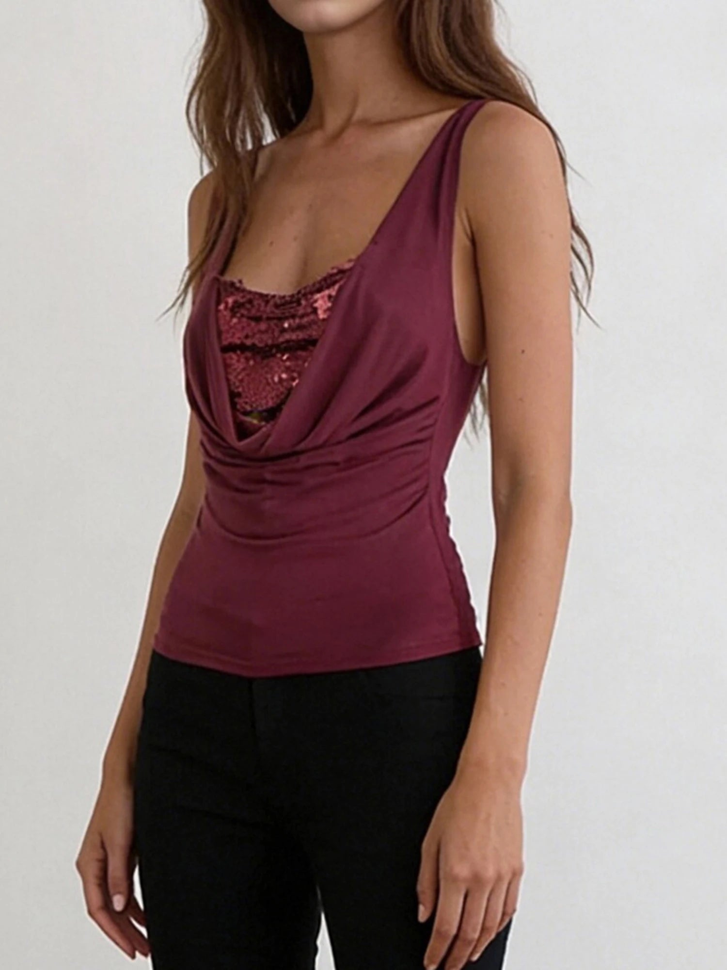Women s Sleeveless Sequin Embellished Cowl Neck Tank Top with  Fit and Sparkly Detailing