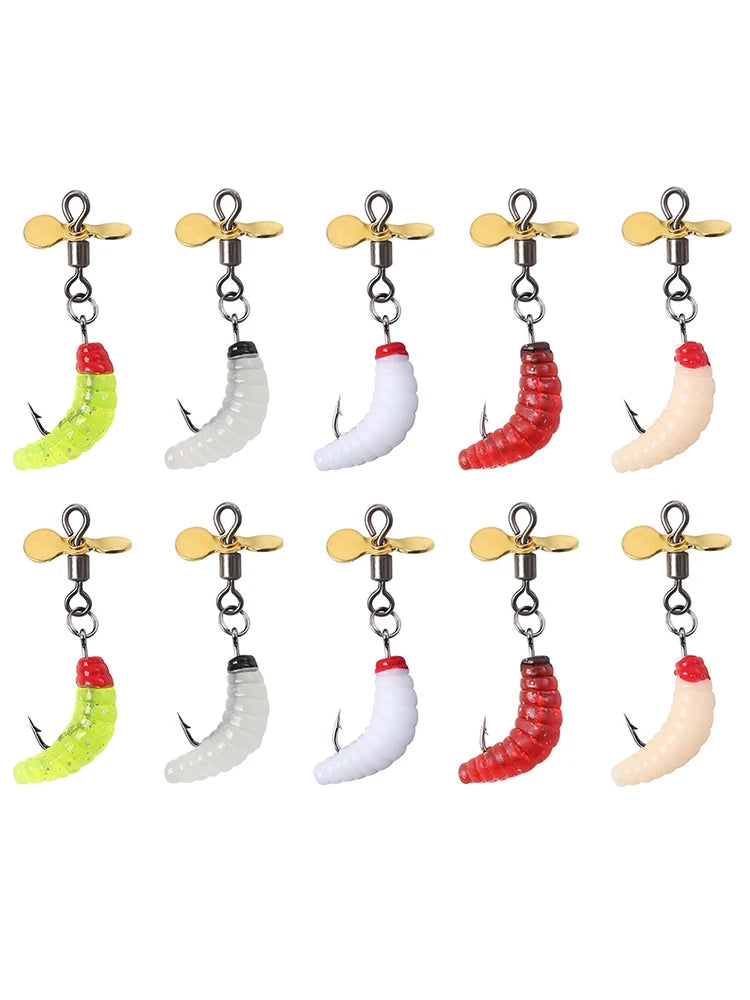10Pcs Propeller Spinner Worm Bait Soft Maggot Baits Silicone Artificial Bait for Trout Perch Bass