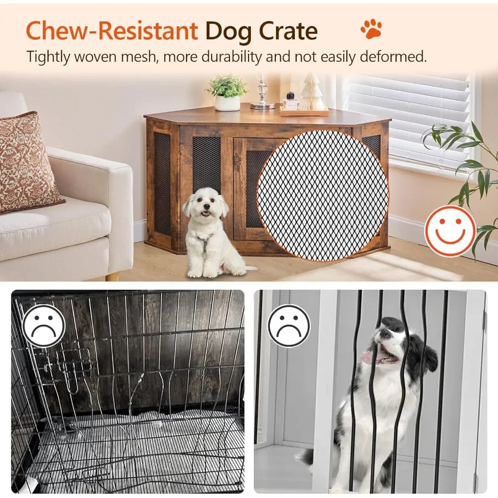 Corner Dog Crate Furniture, Wooden Dogs Kennel, Decorative Pet Crate Indoor Use