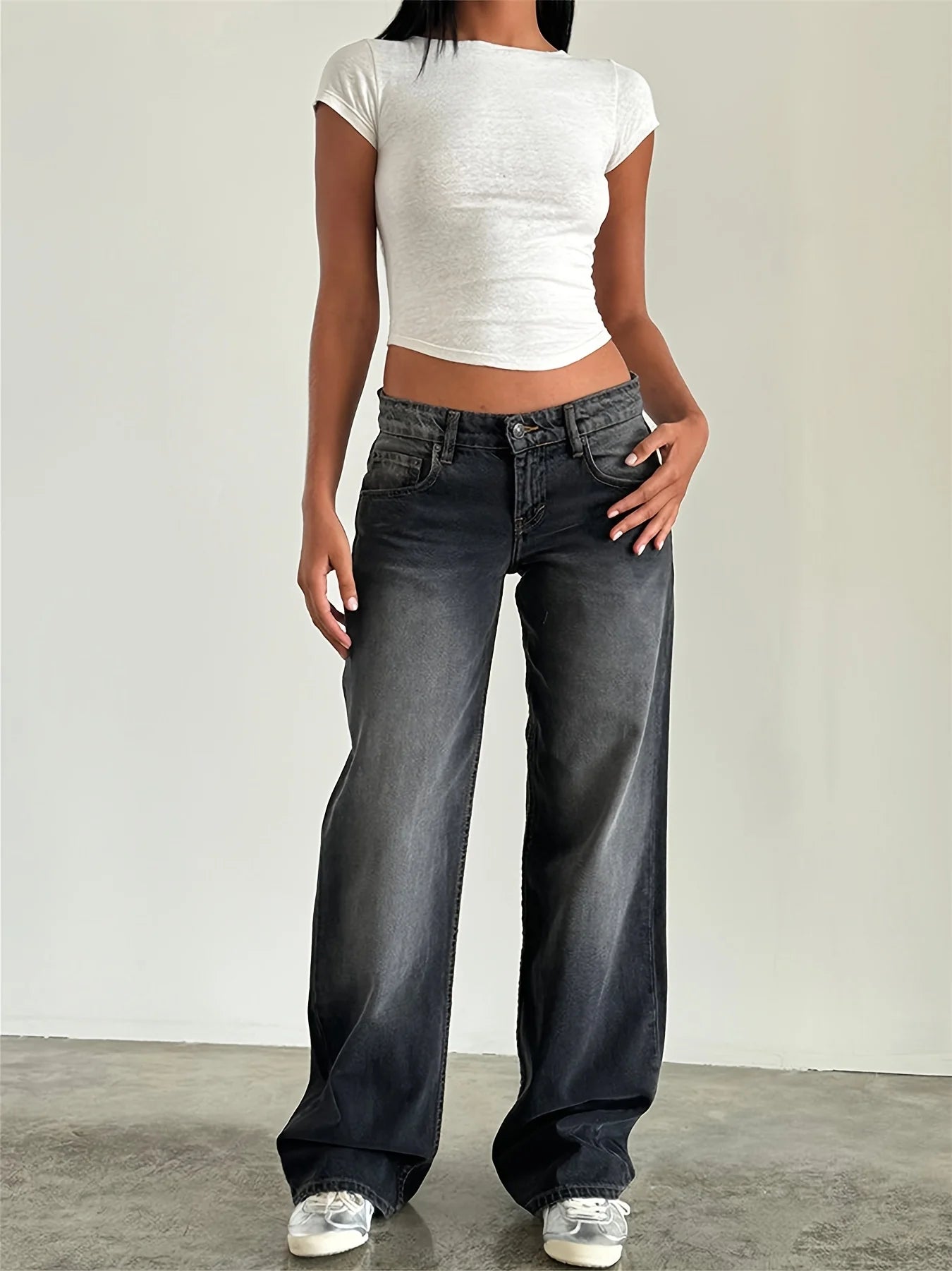 New women's solid-color washed straight-leg jeans, low-waisted, simple, versatile