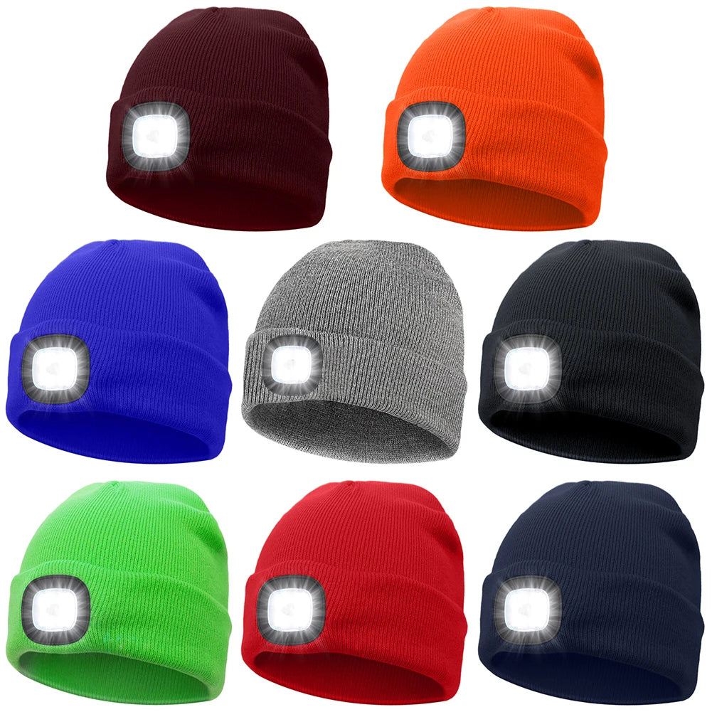 Winter Warm Knit Beanie 8 Hours High Powered Light 4 LED, USB Rechargeable Hands Free Headlamp Cap