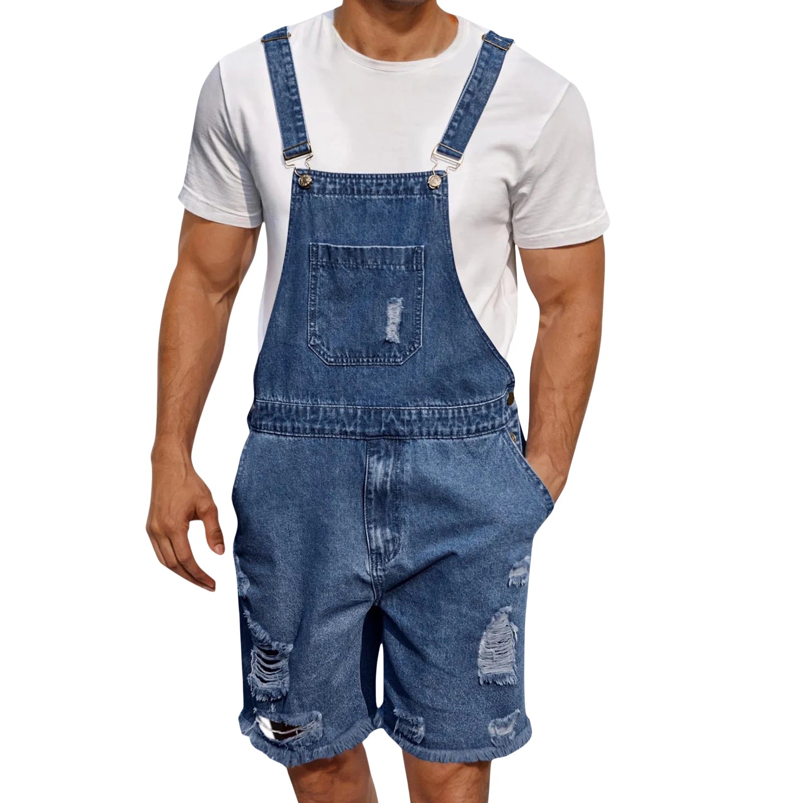 Men s Distressed Denim Overall Shorts Sleeveless Solid Color Loose Fit Jumpsuit