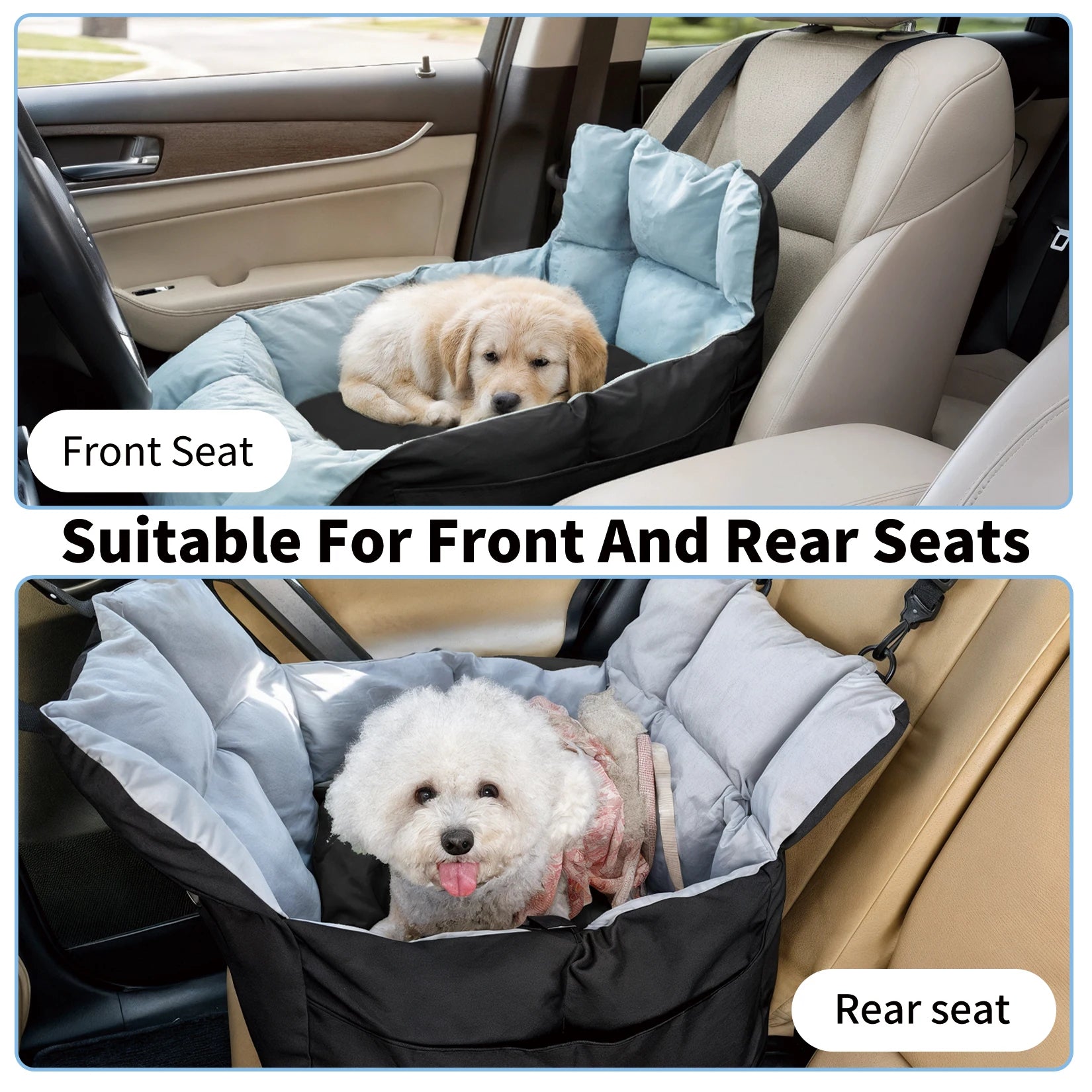 Dog Car Seat Safe & Cozy Travel Bed and Carrier Puppies, Pets up to 10 KG, Clip-On Leash & Storage Pockets