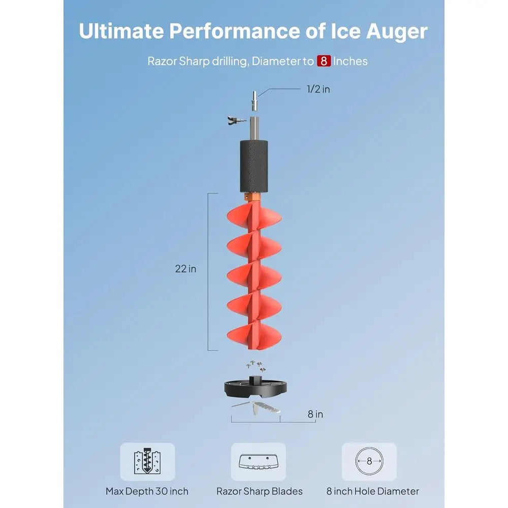 6-8 Diameter Ice Auger Bit Set with Replacement Blade, Blade Protector, and 1/2 Chuck Adapter