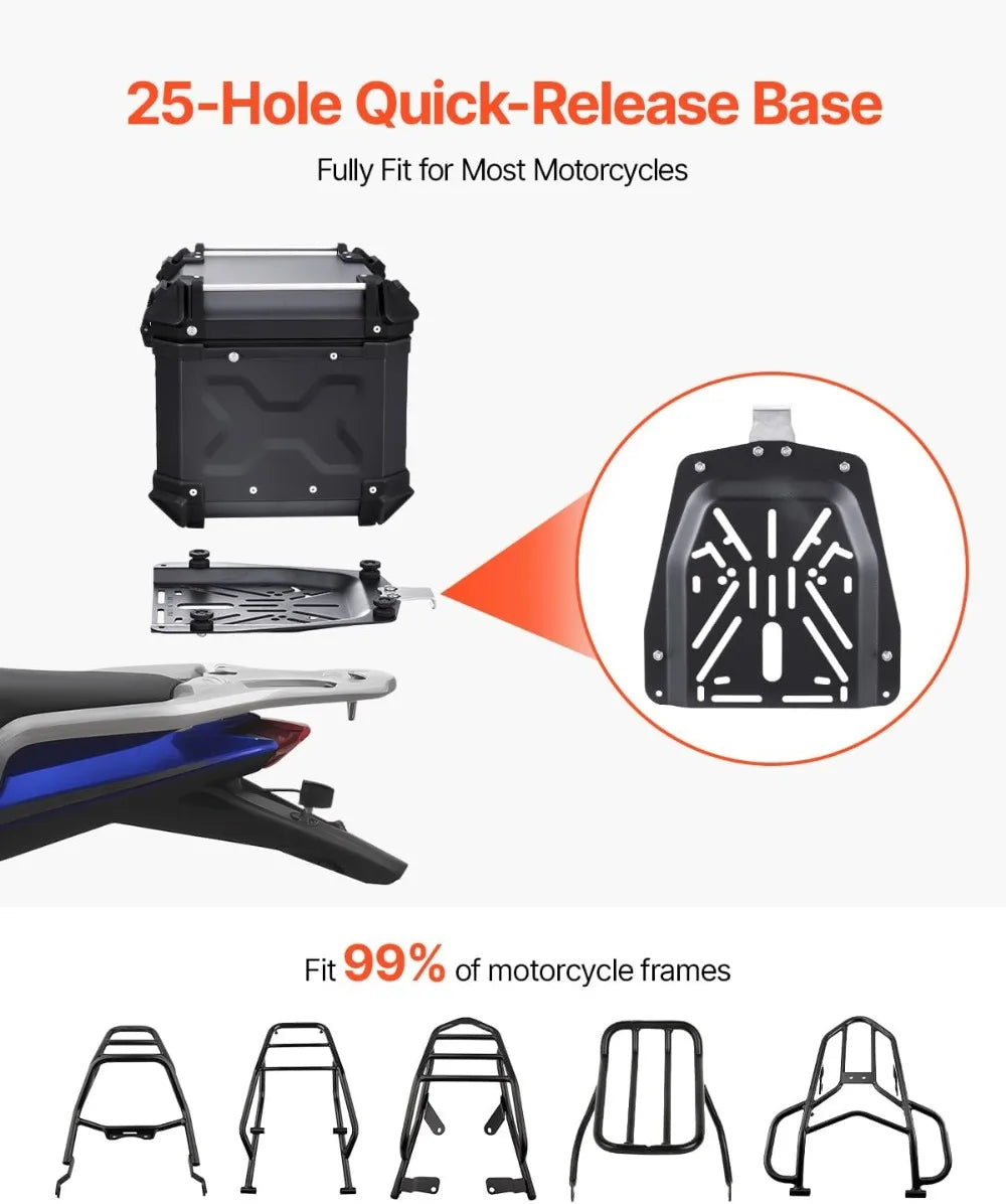 55L Universal Motorcycle Top Box, Waterproof Aluminum Alloy Tail Trunk with Lock & Back Cushion