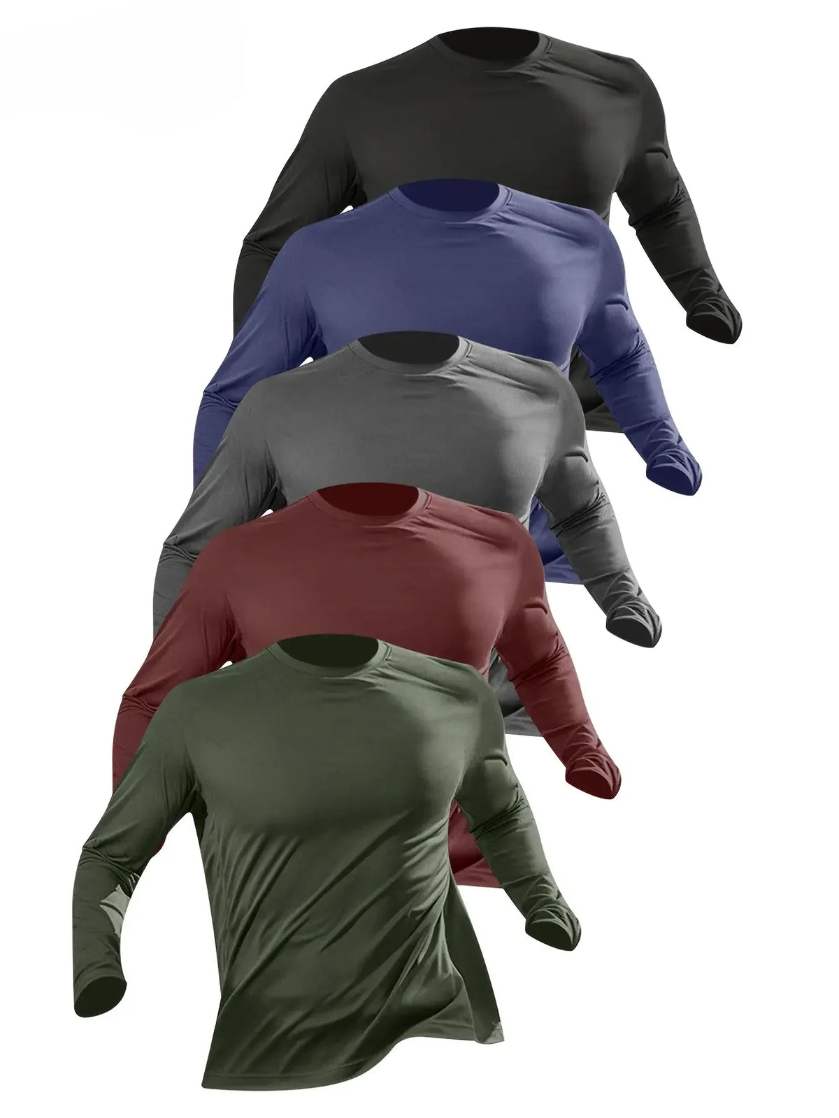 5-piece men's solid color round neck long sleeved T-shirt, versatile design, comfortable