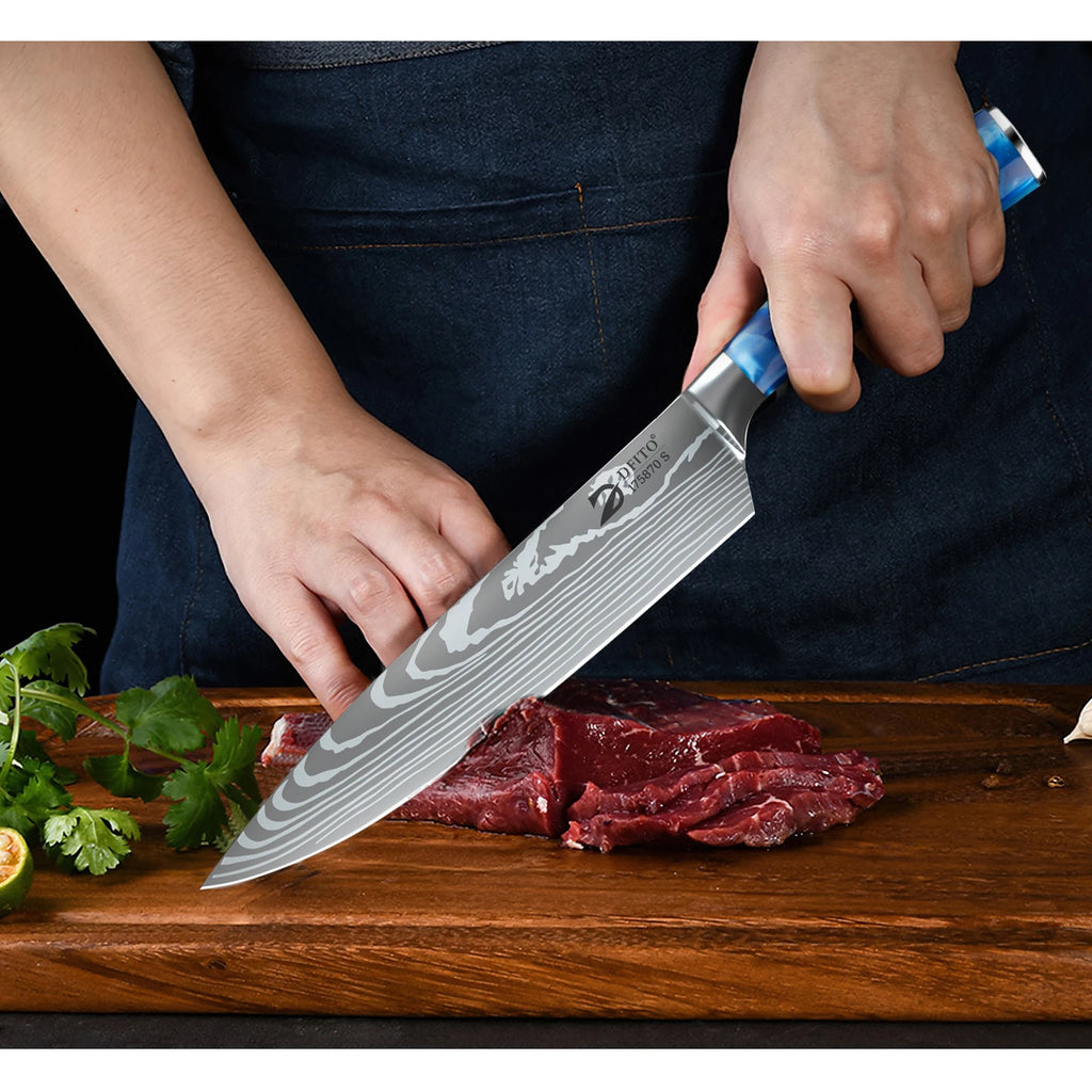 8PCS Resin Handle Carbon Steel Chef Knives Meat Cleaver Fruit Vegetable Slicing
