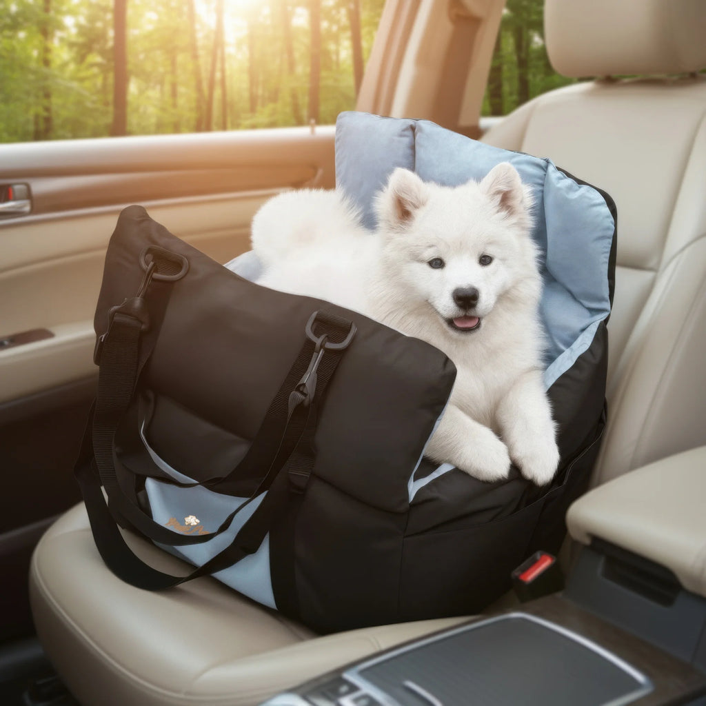 Dog Car Seat Safe & Cozy Travel Bed and Carrier Puppies, Pets up to 10 KG, Clip-On Leash & Storage Pockets