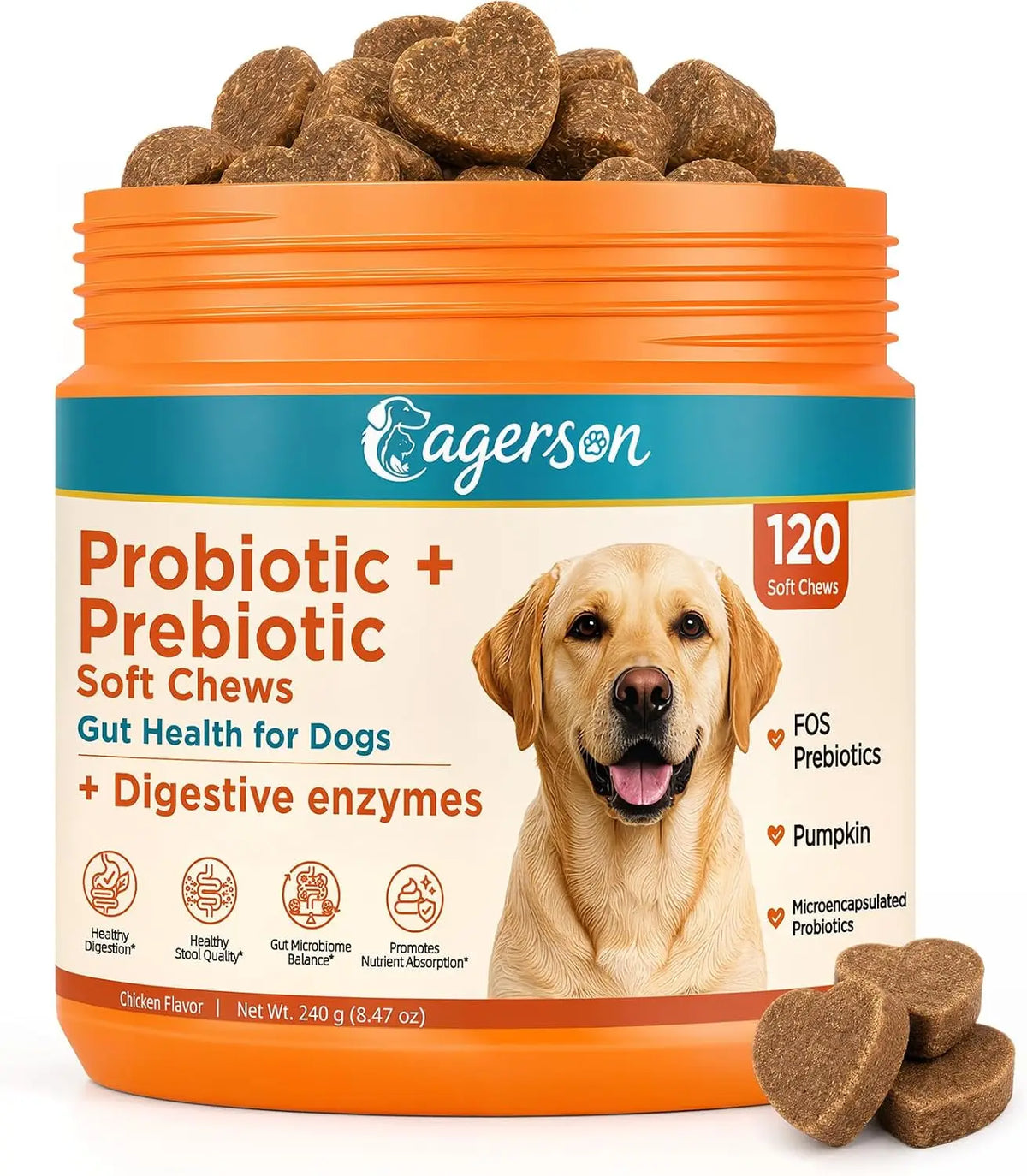 120 Soft Chews Probiotics for Dogs Digestion & Stool Support – Bacillus Coagulans + FOS Prebiotics + Digestive Enzymes Formula