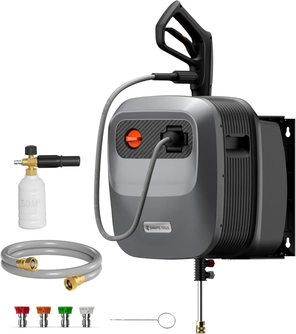 2500 PSI Retractable Pressure Washer, 2.2 GPM Wall Mounted with 65FT Hose Reel & 5 Nozzles