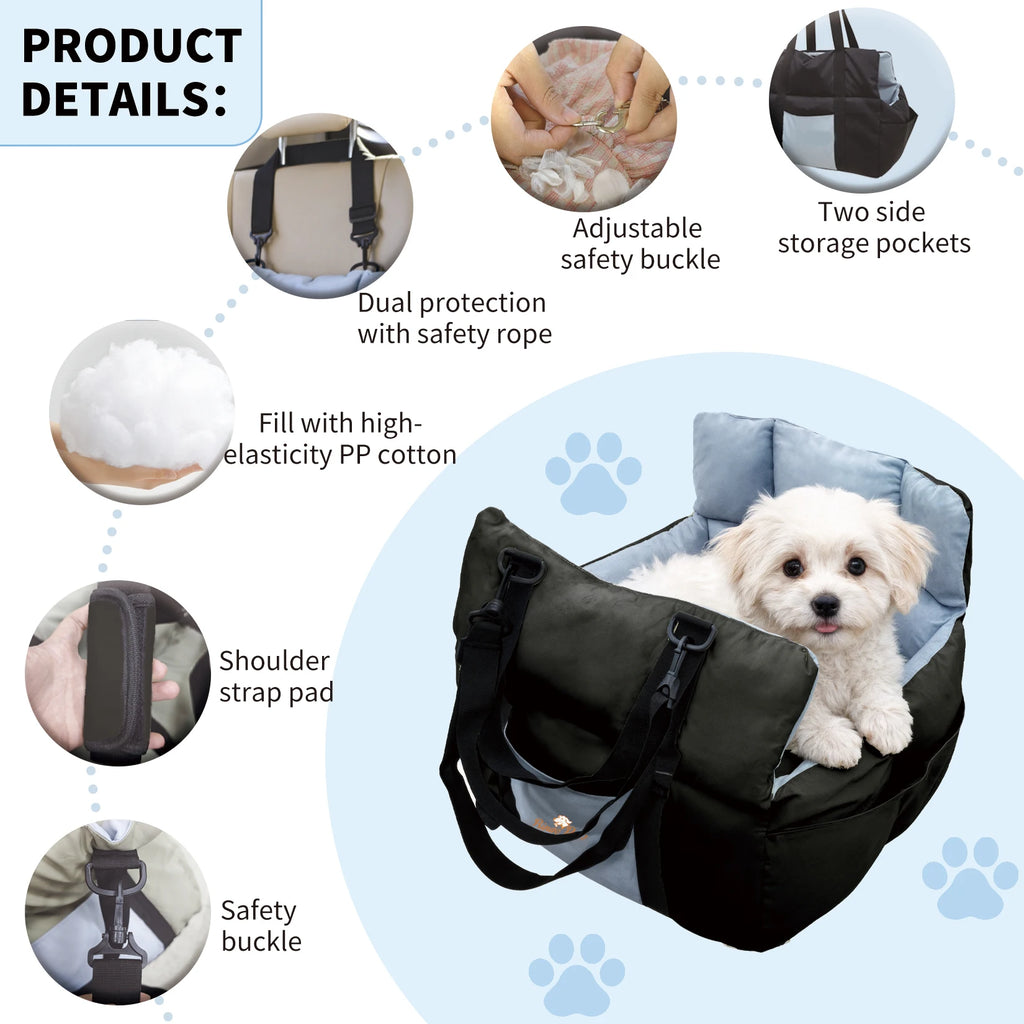 Dog Car Seat Safe & Cozy Travel Bed and Carrier Puppies, Pets up to 10 KG, Clip-On Leash & Storage Pockets