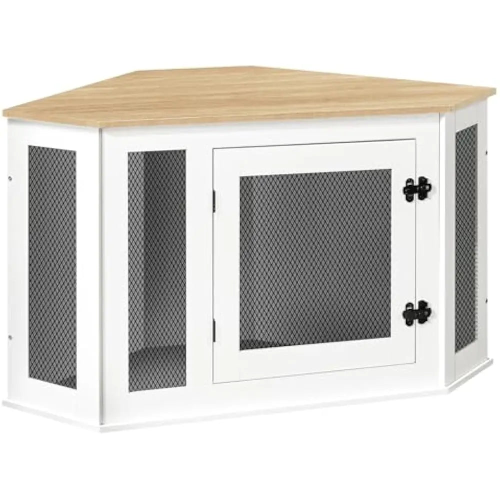 Corner Dog Crate Furniture, Wooden Dogs Kennel, Decorative Pet Crate Indoor Use