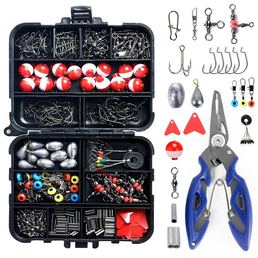263pcs Fishing Accessories Set with Plier Jig Hooks Sinker Weight Swivels Snaps Sinker Slides