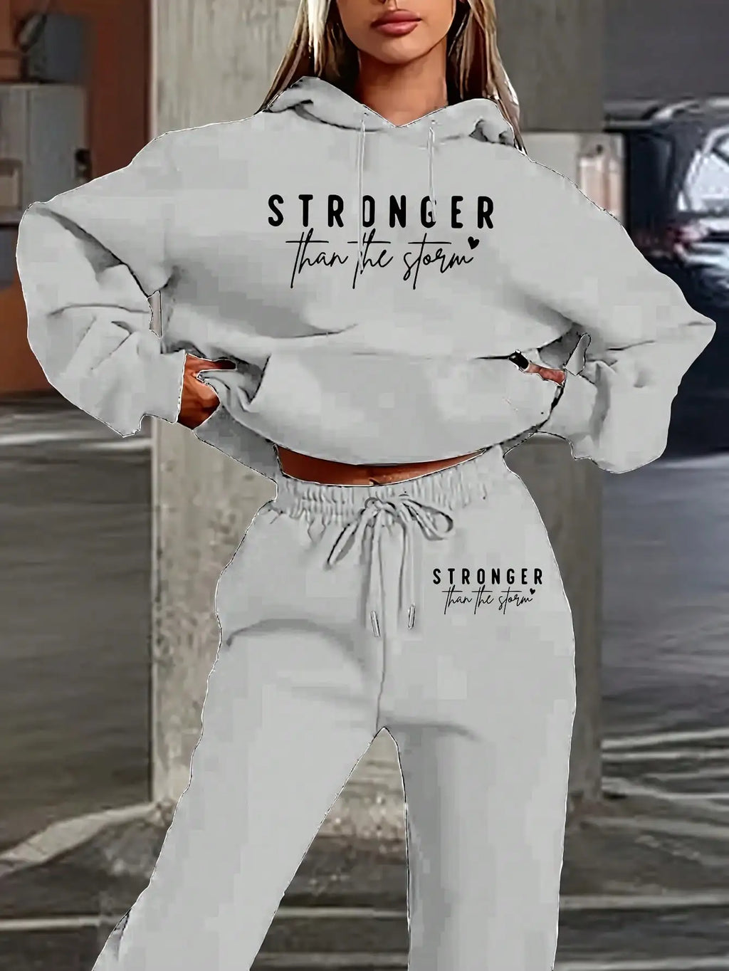 LC Women's Casual- 'Stronger Than The Storm' Letter Print Hoodie, White, Loose Fit With Pockets,