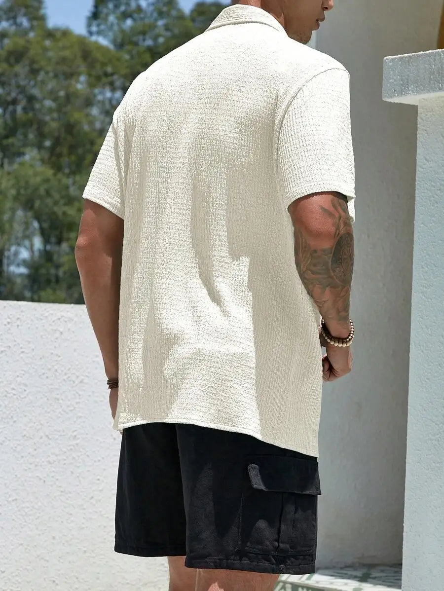 Men's Textured Knit Short Sleeve Button-Front Shirt, Loose Fit