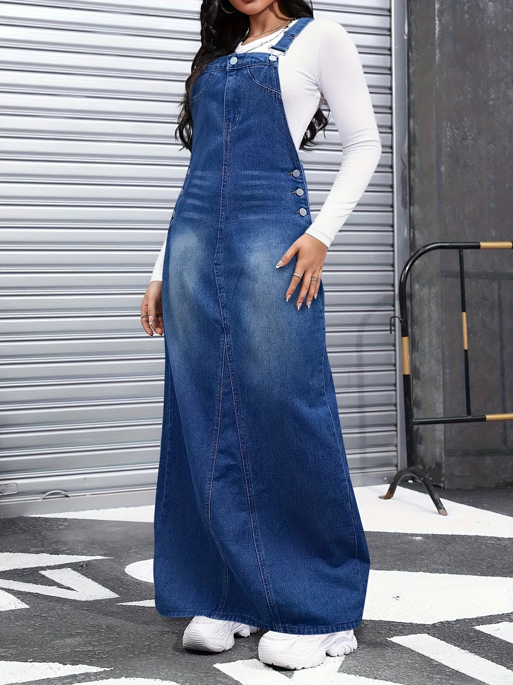 Trend Women's Denim Overalls Skirt Jean Skirts Detachable Shoulder Straps Long Skirt Suitable