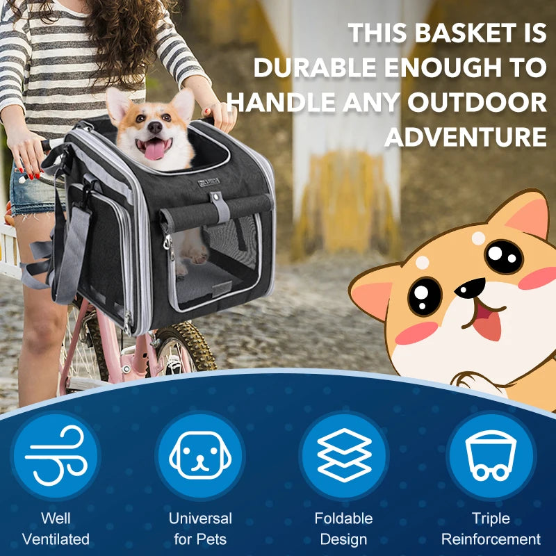 Dog Bike Basket, Expandable Soft Sided Pet Carrier Backpack with 4 Open Doors, Foldable