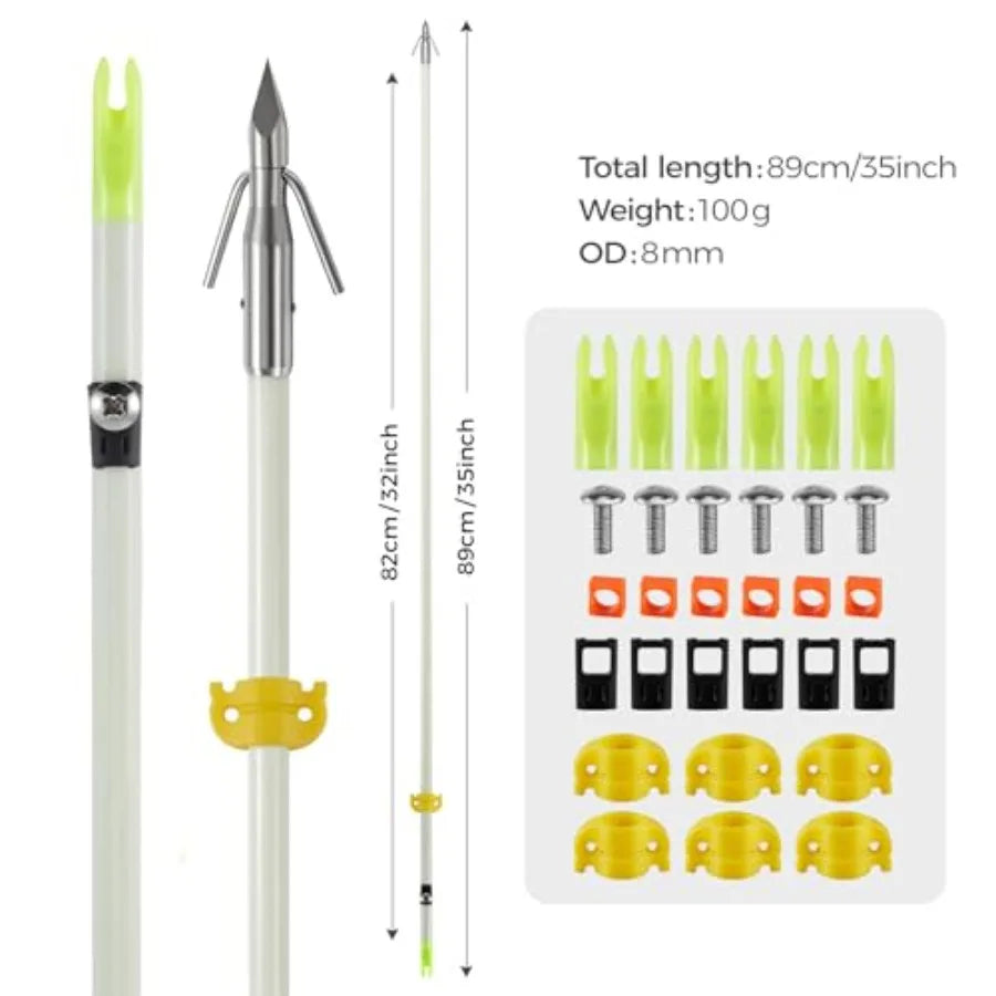 6 Pack 32 inch Bowfishing Arrows Luminous with Broadheads and Safety Slides for Compound