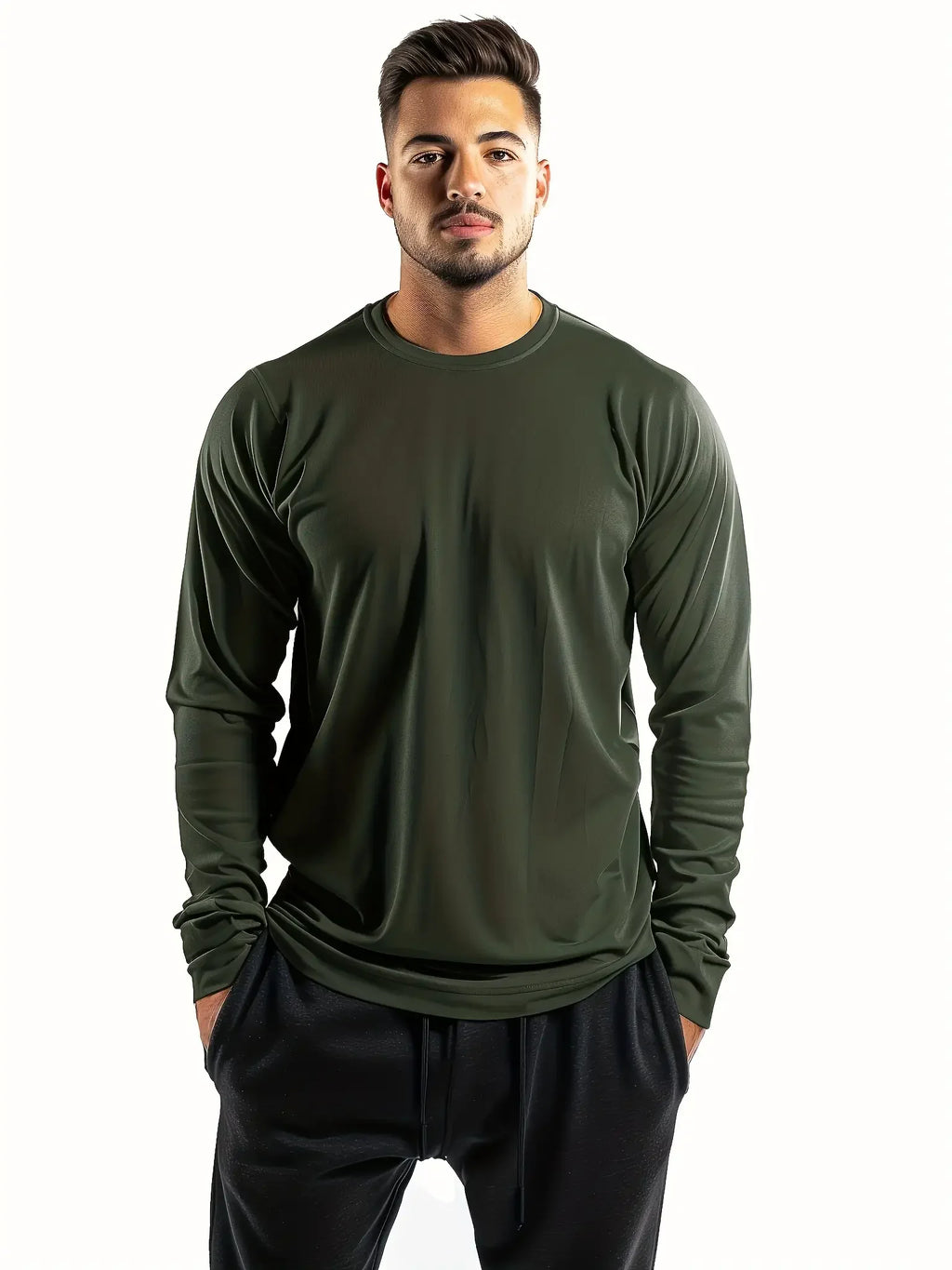 5-piece men's solid color round neck long sleeved T-shirt, versatile design, comfortable