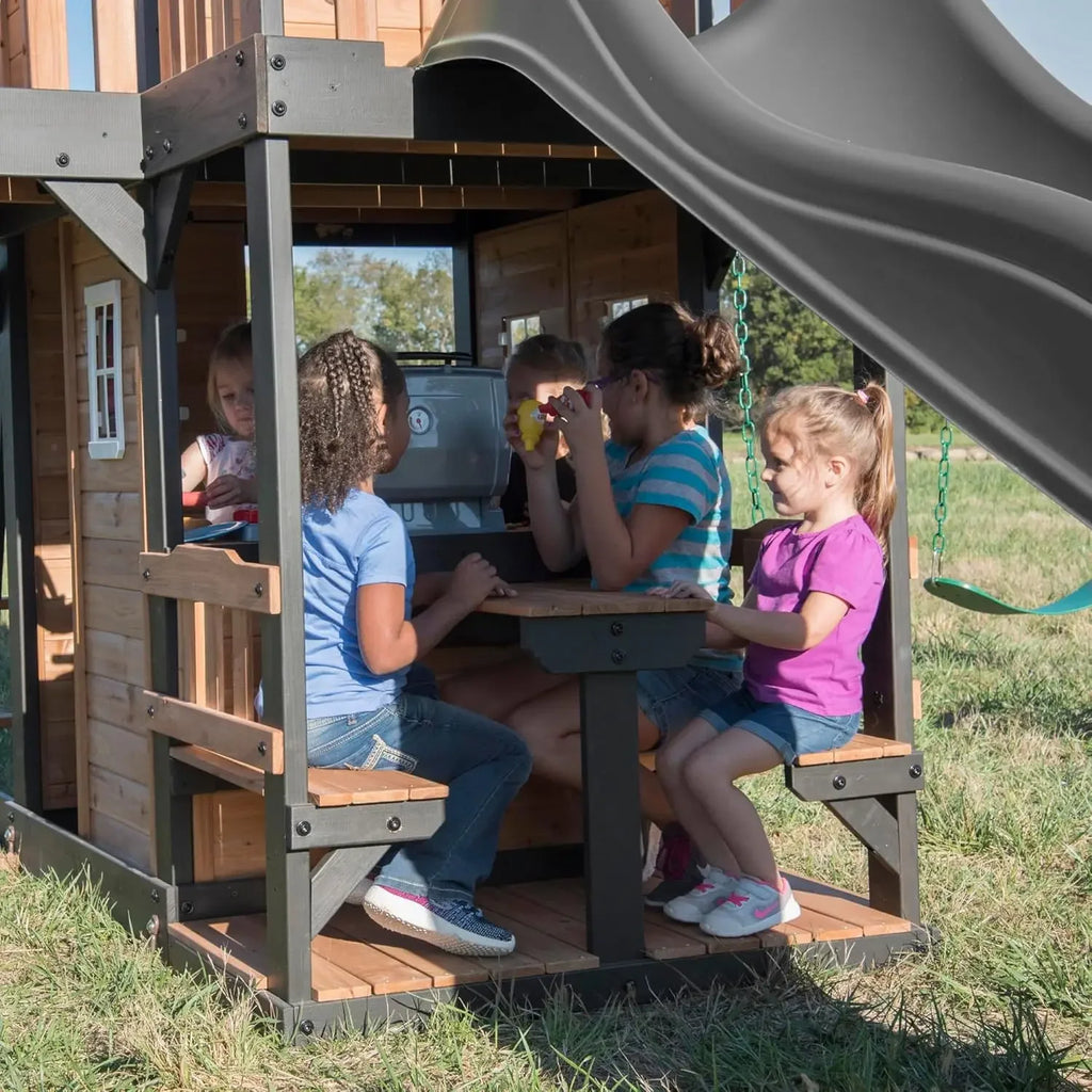 Canyon Creek Cedar Wood Swing Set with Wave Slide, Clubhouse, Play Kitchen, Picnic Area, Belt Swings, Web Swing, Rock Wall,