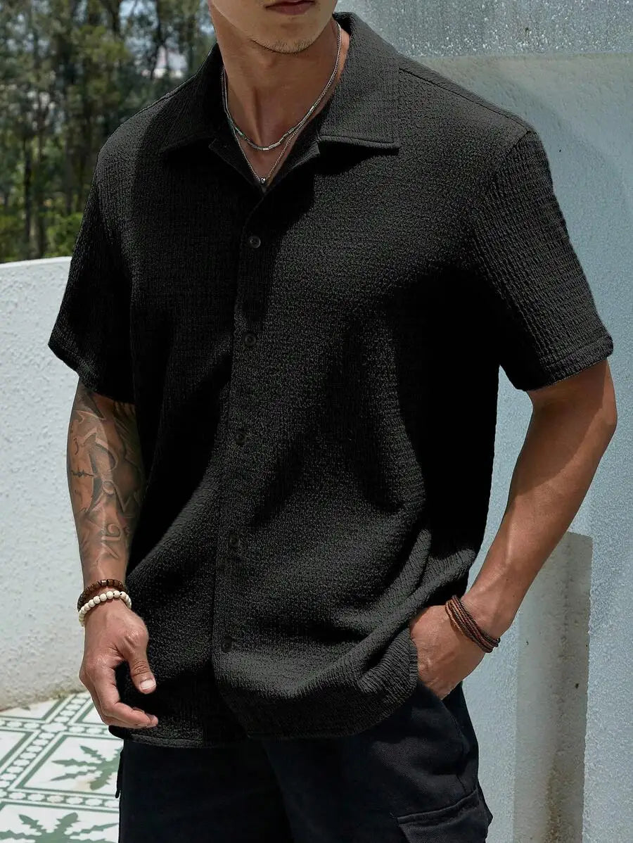 Men's Textured Knit Short Sleeve Button-Front Shirt, Loose Fit