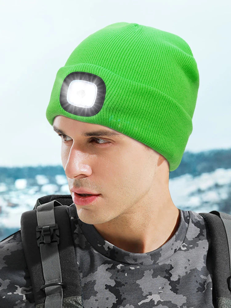 Winter Warm Knit Beanie 8 Hours High Powered Light 4 LED, USB Rechargeable Hands Free Headlamp Cap