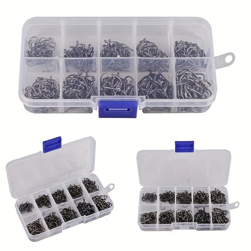 500Pcs Pack of Fishing Hooks with Barbs – Size 3-12# Black Stainless Steel Hooks
