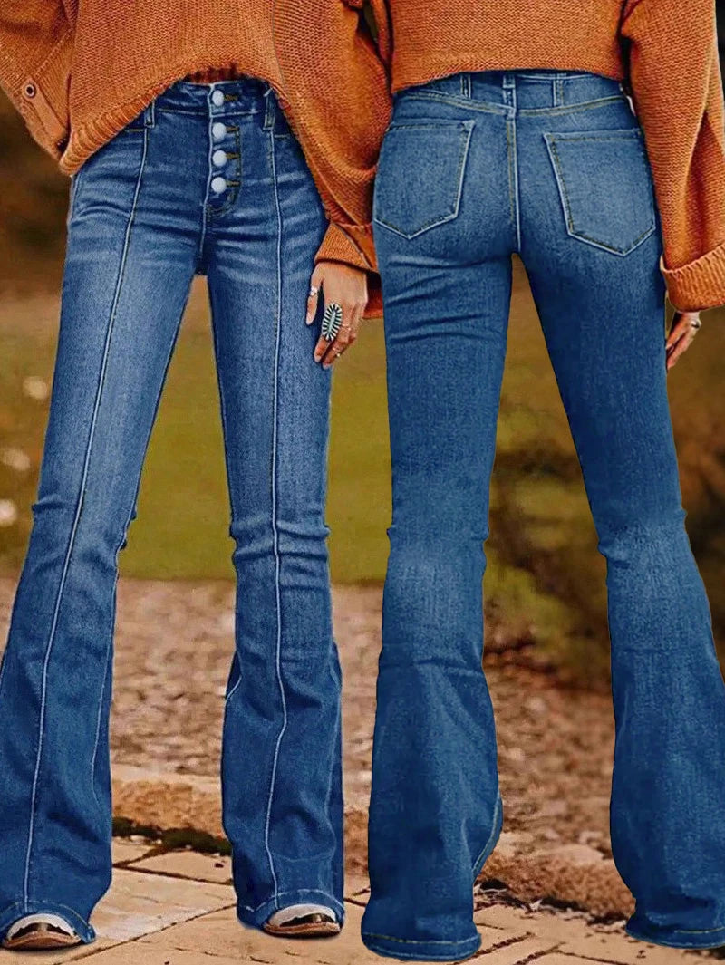 Women's Slim Fit Flared Jeans with Multiple Buttons - Stylish and Trendy Denim Pants