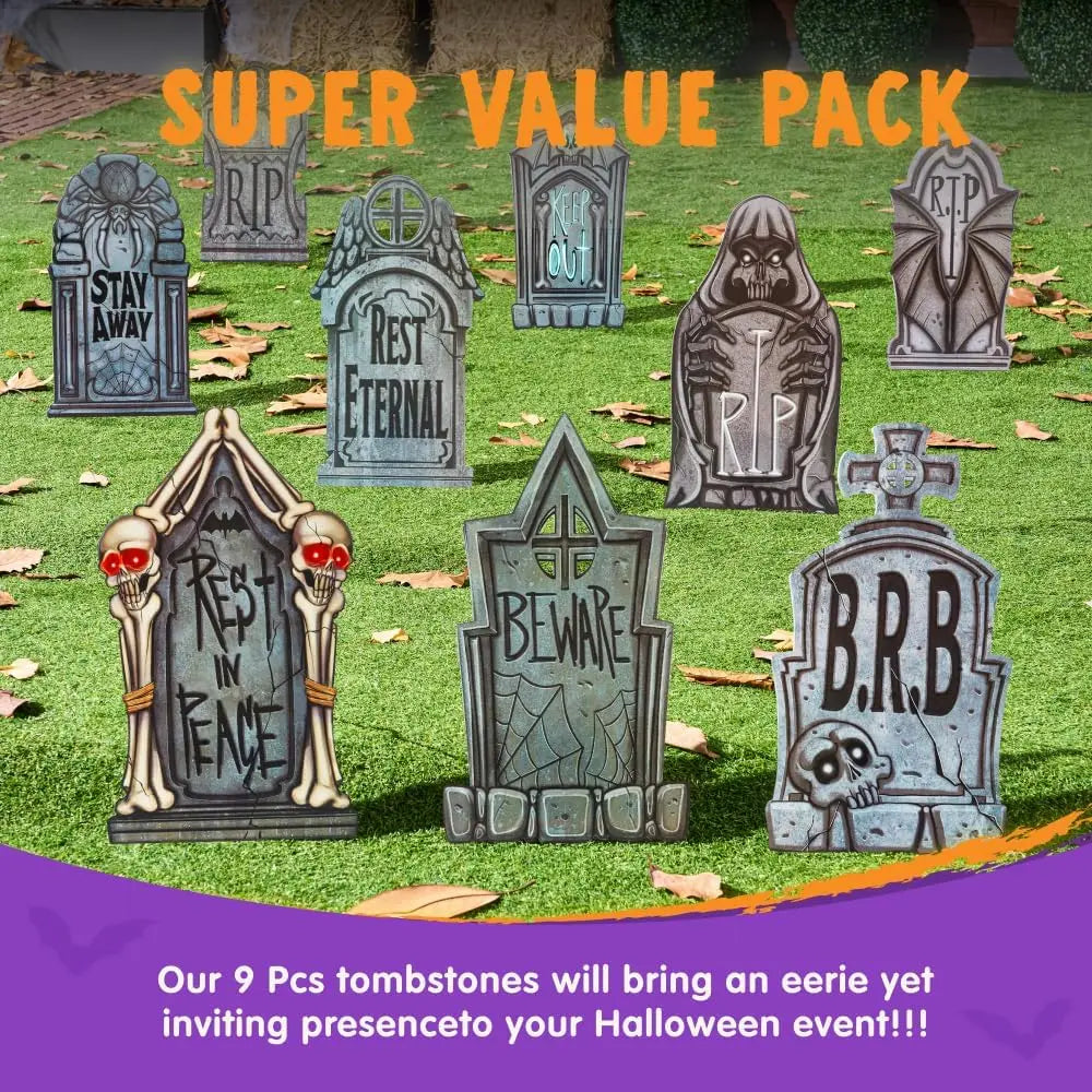 9 Pcs Tombstones Halloween Decorations Outdoor Graveyard Decor Plastic Headstones with 18 Metal Stakes