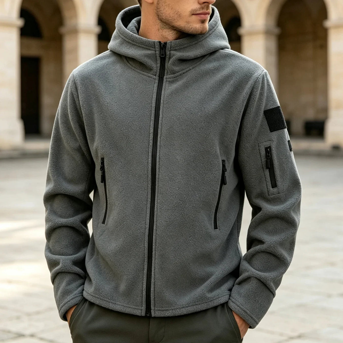 Men Fleece Hooded Jacket Full Zip Hoodie Multi Zipper Pockets Hook & Loop Patch Panel Coat Outdoor