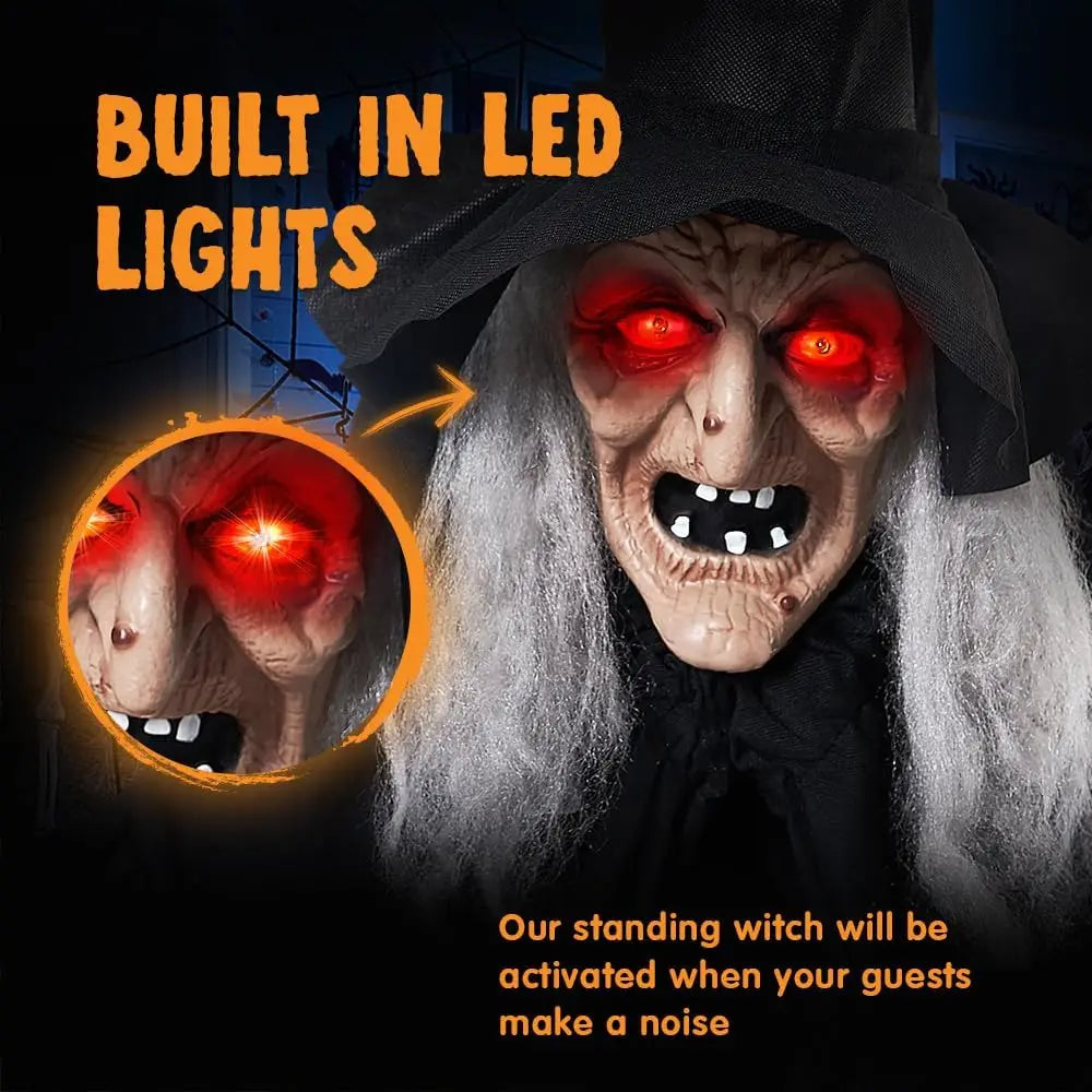 72" Animatronics Witch Outdoor Halloween Decorations with Cane Life Size with Creepy Sound and Light-up Eyes, Party Supplies