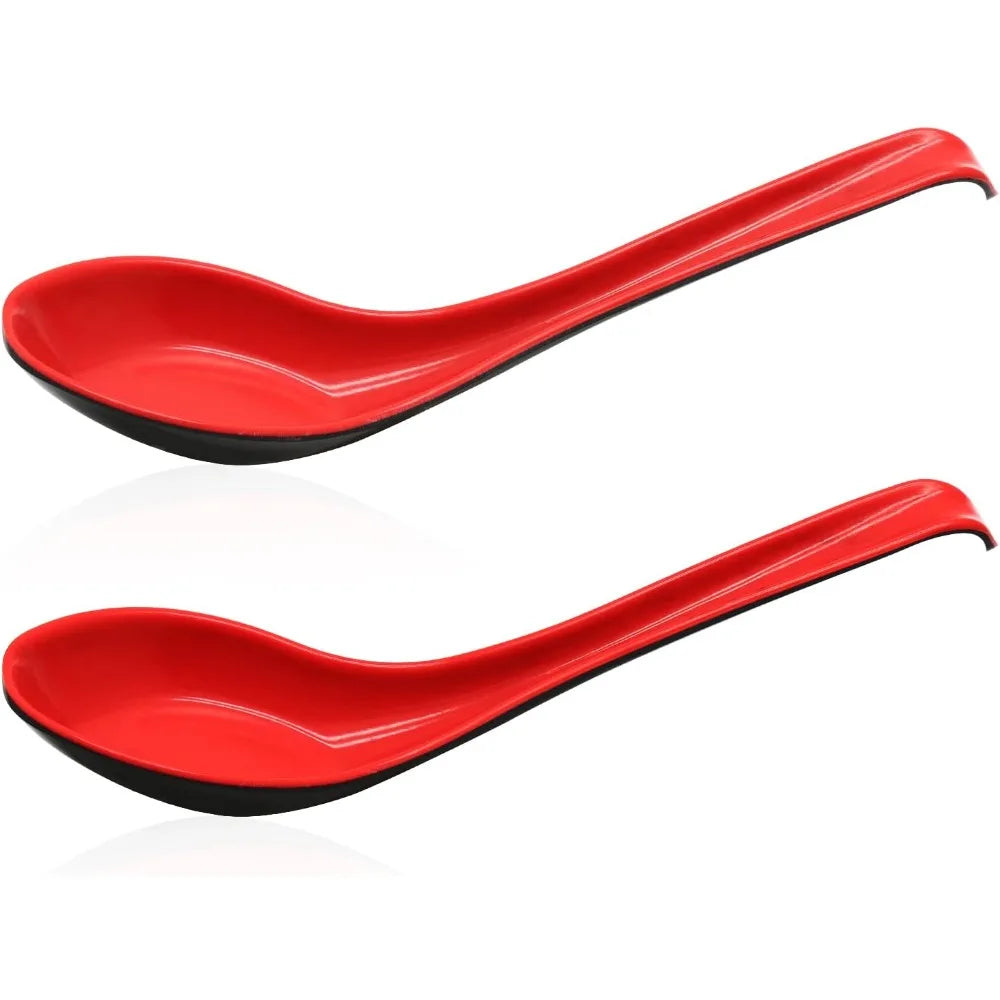 2PCS Wonton Soup Spoons, Chinese Japanese Miso Ramen Dumpling Pho Rice Noodle Soba Soup Spoons, Red and Black Melamine Spoons