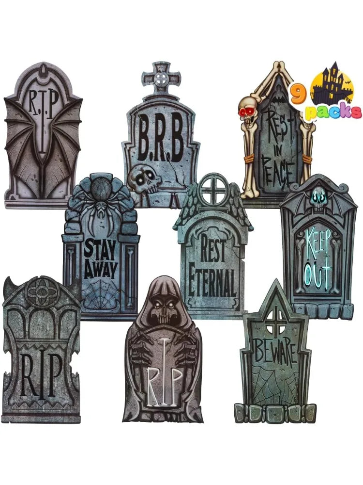 9 Pcs Tombstones Halloween Decorations Outdoor Graveyard Decor Plastic Headstones with 18 Metal Stakes