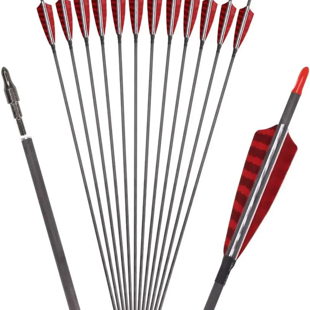 Carbon 600-700 Spine 30 Turkey Feather Fletched Arrows with Screw-In Points for Traditional, Recurve, and Compound Bows Hunting