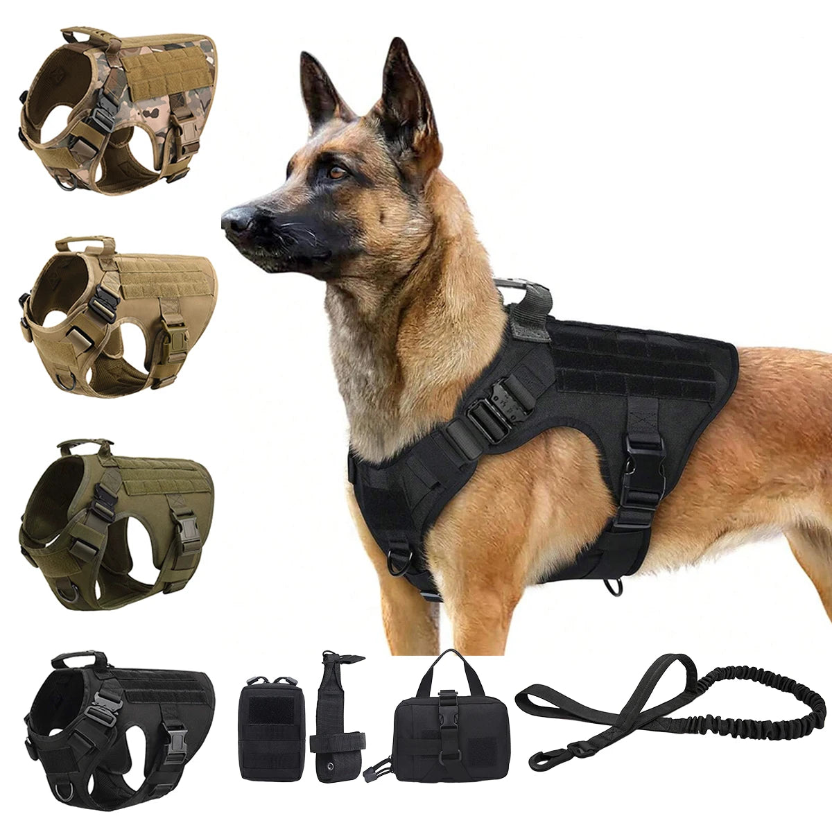Tactical Dog Harness Collar Leash Molle Pouches For Medium Large Dogs Pet