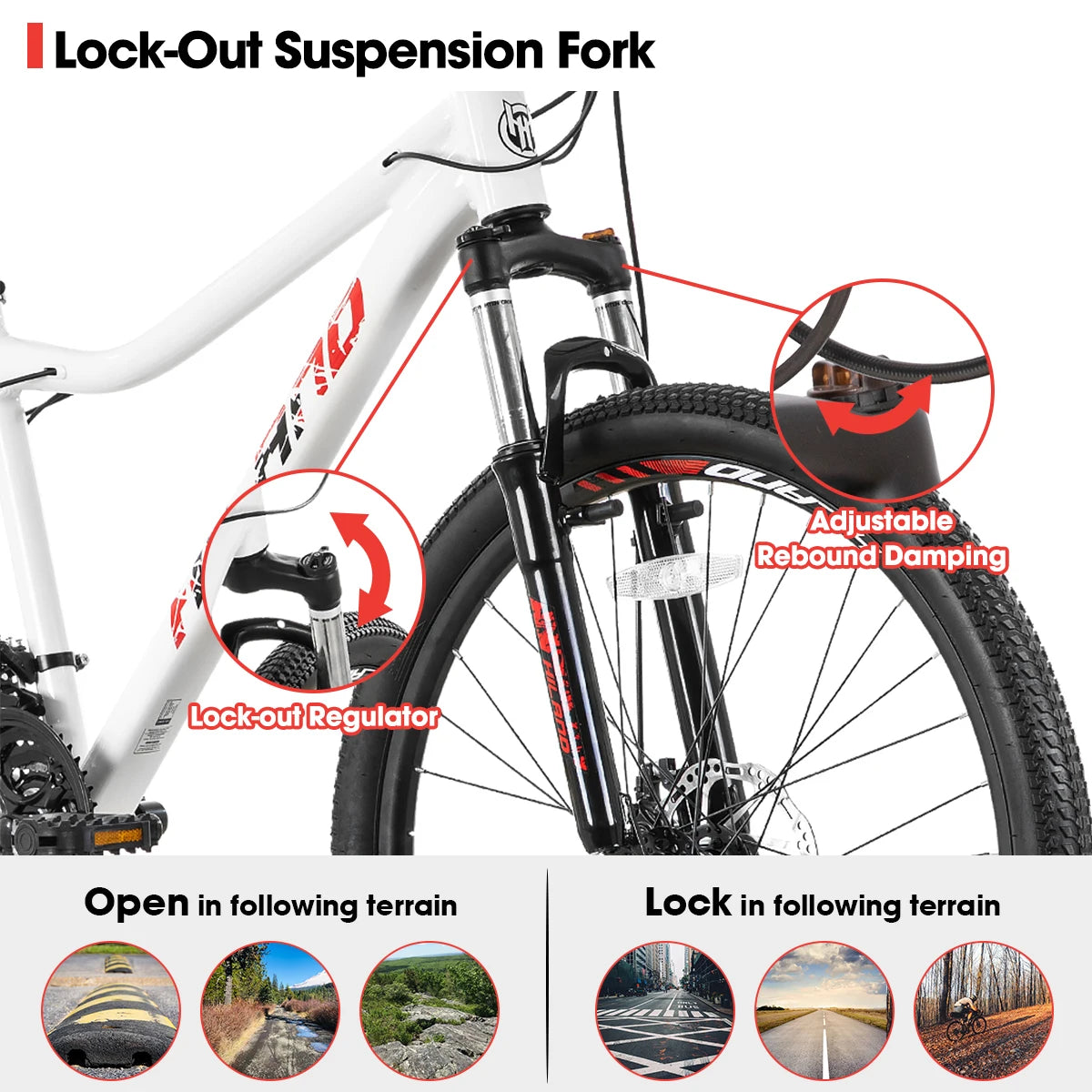 Mountain Bike for Women, with Lock-Out Suspension Fork, Dual Disc Brakes, Aluminum Frame MTB