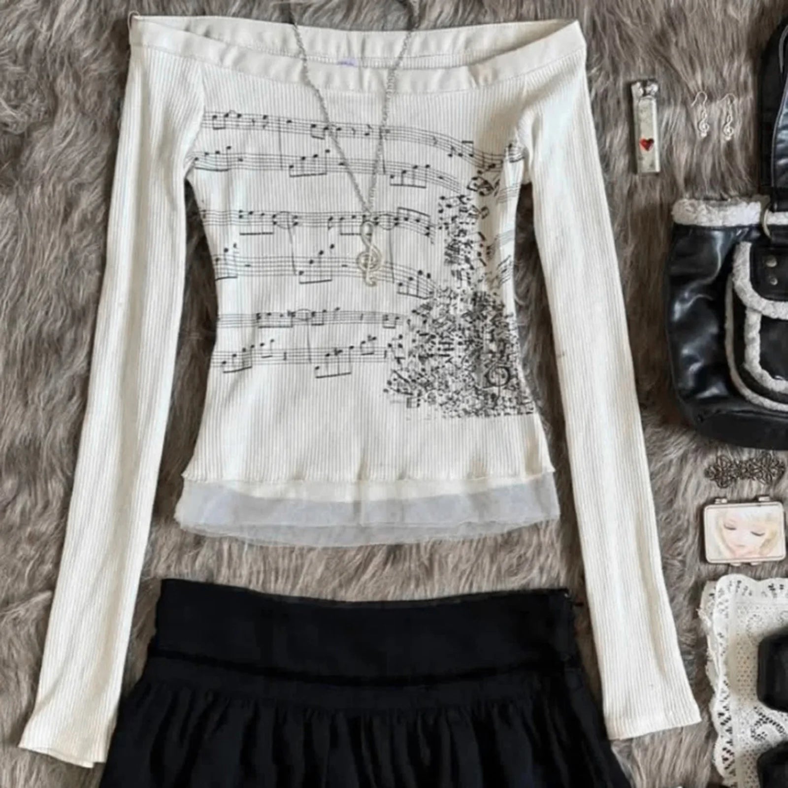 Women T-shirt Long Sleeve Boat Neck Music Note Print Patchwork Slim Fit Ladies