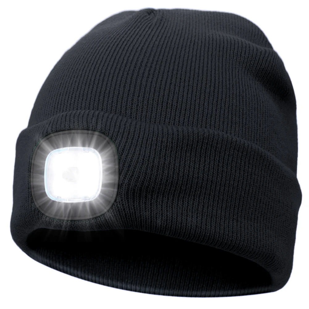 Winter Warm Knit Beanie 8 Hours High Powered Light 4 LED, USB Rechargeable Hands Free Headlamp Cap